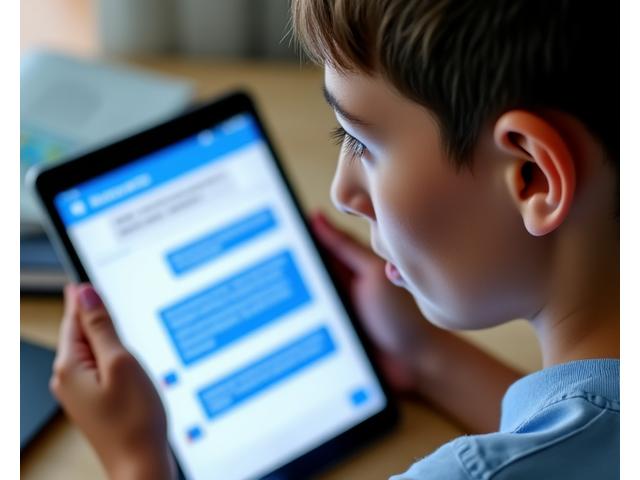Bir öğrencinin yapay zeka asistanı ile etkileşimini gösteren tablet veya telefon arayüzü, sohbet balonları ve öğrenme materyalleri.