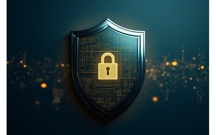 Kalkan ve kilit simgelerinin birleştiği, etrafında dijital güvenlik katmanları olan soyut bir illüstrasyon. Arka planda ISO 27001 sertifika logosu belirgin.