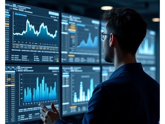 Finansal grafiklerin ve verilerin gösterildiği bir dijital ekran önünde çalışan bir finans uzmanı.