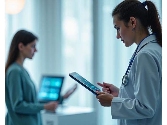 Sağlık sektörü için AI asistanı, doktor ve hasta arasındaki dijital etkileşimi gösteriyor.